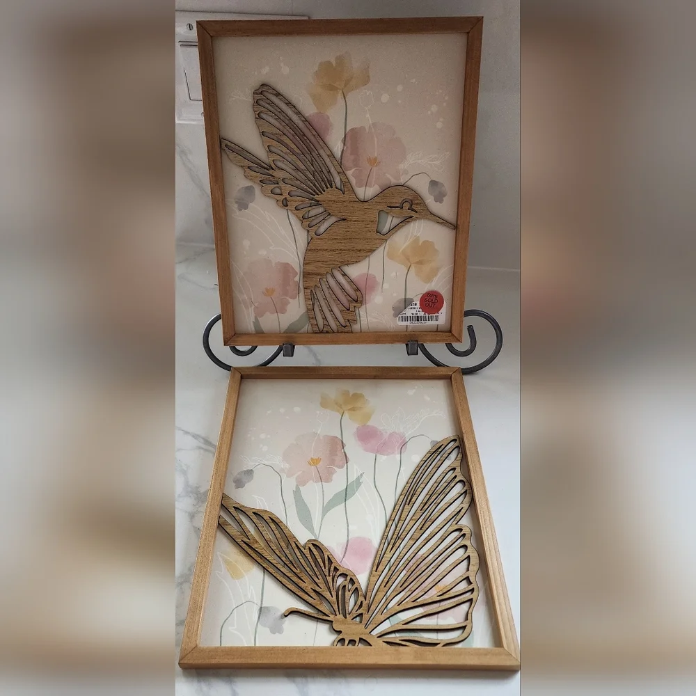 3D Wood Cut Out Butterfly Hummingbird Wall Art Picture Set Of‎ Two 10x20 New